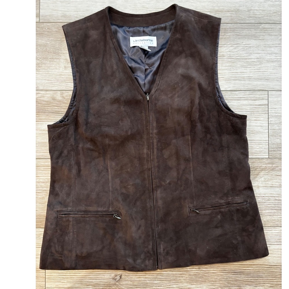 Liz Claiborne Brown Suede Leather Full Zip Vest Womens Size 14 Western Cowgirl